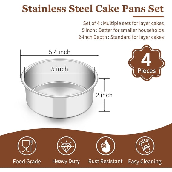 GVDCC-5 Inch Cake Pan Set of 4, Stainless Steel Small Layer Cake Baking Pans Tins, Round Bakeware for Birthday Wedding Party, Non-Toxic & Healthy, Mirror Finish & Dishwasher Safe