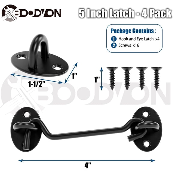 GVDCC-5 Inch Hook and Eye Latch, Privacy Eye Hook Latch for Sliding Door/Barn Door, Black Sliding Door Lock with Screws for Window, Cabin Hooks, 4 Pack