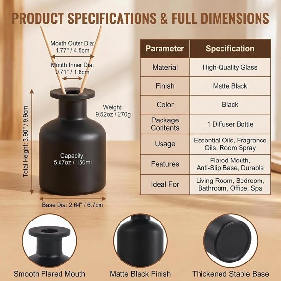 GVDCC-5 Ounce Empty Glass Diffuser Bottles, Cylindrical Glass Essential Oils Diffuser Bottles, Aromatherapy Jar, Matt Black