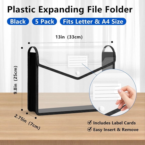 GVDCC-5 Pack Plastic Expanding Folders, Expandable Document Folder with Snap Button Closure, Large Capacity with Label Pocket, Fit Letter & A4 Size, Black Edge