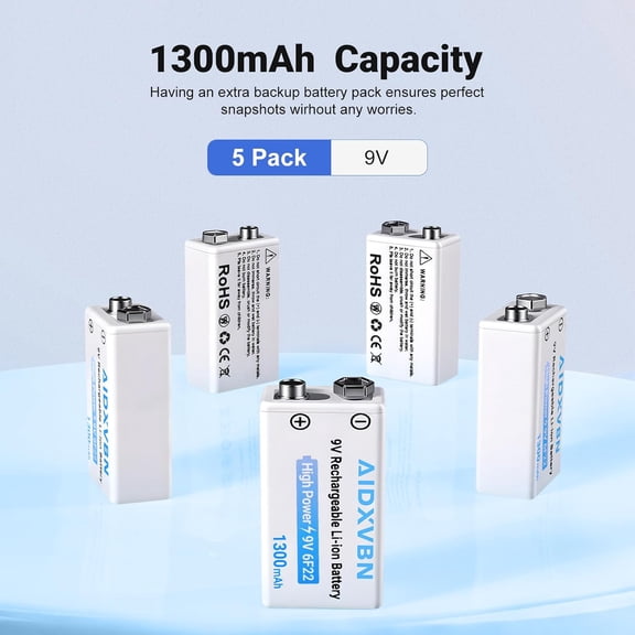 GVDCC-5-Pack Rechargeable 9V Li-ion Batteries for Smoke Detectors, Guitar Pedals & Multimeters with 2-in-1 Charging Cable