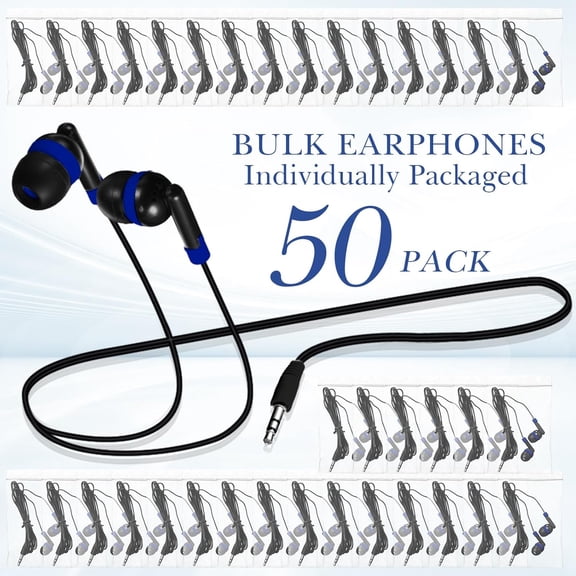 GVDCC -50 Pack Wired Earbuds Bulk for Classroom Ear Headphones Wired Basic Student Earbuds No Microphone with 3.5mm Jack for Class Laptop School Library, Individually Bagged (Dark Blue)