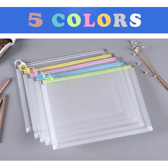 GVDCC-5Packs 9 3/4 x 13 Clear Plastic Zip Envelopes Letter File Document Paper Folder Case Assorted Colors