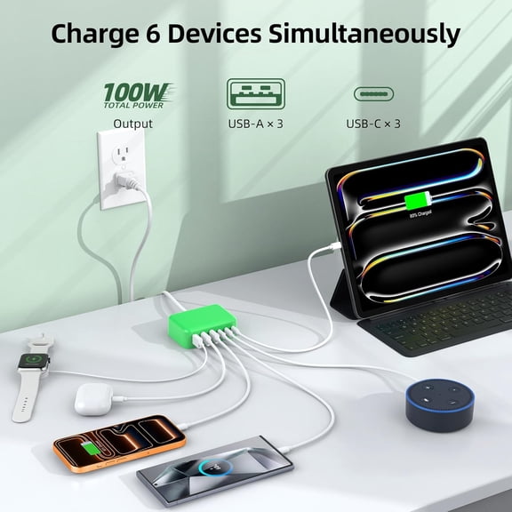 GVDCC -6 in 1 USB Charger, 50% Smaller Charging Station for Multiple Devices, 100W Fast Charging Blocks with Type C Ports, USB Charging Hub Organizer Multiport Power Strip for iPhone, Ipad, Kindle, T