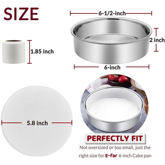 GVDCC-6 Inch Cake Pan Set of 2, E-Far Stainless Steel Round Layer Smash Cake Baking Pans with Parchment Rounds & Side Liner Roll, Non-Toxic & Healthy Metal Cakes Tin, Straight Side & Dishwasher Safe