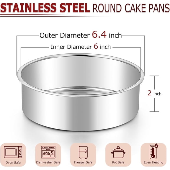 GVDCC-6 Inch Cake Pans Set of 6, Round Layer Cake Tins for Baking, Stainless Steel Round Baking Pan, Bakeware for Oven & Dishwasher, Non Toxic & Heavy Duty