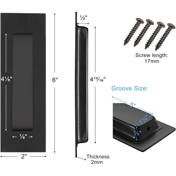 GVDCC-6 Inch Recessed Finger Flush Pulls for Pocket Door Closet Door, Sliding Barn Door Handle, Matte Black Stainless Steel Rectangular Door Edge Pulls Hardware(3 Pack B)
