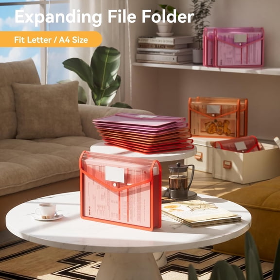 GVDCC-6-Pack Plastic Expanding File Folders, Translucent Plastic Envelopes with Snap Closure, Large Capacity, Paper Storage Fits Letter/A4 Size - Warm Pink