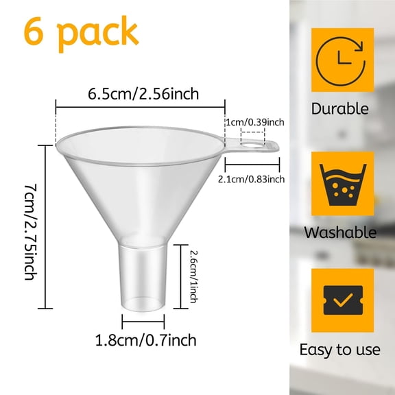 GVDCC-6 Pack Small Plastic Funnel for Filling Bottles,2.56 Inch Clear Wide Mouth Plastic Funnel for Filling Water Powder Essential Oils, Perfume,Kitchen Bath Garage Use (Wide Mouth)