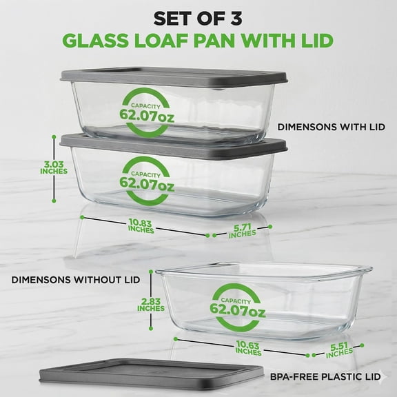 GVDCC-6 Piece Glass Loaf Pans for Baking Bread - 7.6 Cups Stackable Glass Bread Loaf Pan - 3 loaf Pan with 3 Lids - Oven & Microwave Safe, Dishwasher Safe - Clear
