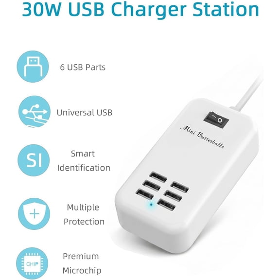 GVDCC -6 Ports USB Charger Hub Desktop US Plug AC Power Wall Travel Charging Adapter Slots Charging Station Extension Socket Outlet with Cable