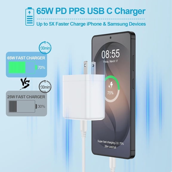 GVDCC -65W USB C Charger Power Adapter for Samsung Galaxy S26 Ultra/S26 Plus/S25 Ultra/S25/S24/S23/S22/S21/A17/A16/A37/A57 Type C Wall Charger Fast Charging Block for iPhone 17e/17 Pro Max/16/15/iPad