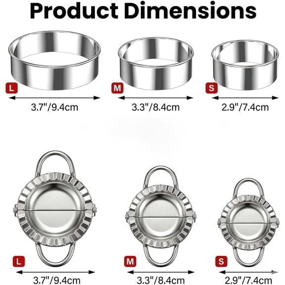 GVDCC-6PCS Professional Dumpling Maker Set - 304 Stainless Steel Empanada Press & Dough Cutter Kit (2.9", 3.3", 3.7") | Heavy-Duty Rust-Proof Pierogi & Gyoza Maker | Dishwasher Safe Kitchen Tools
