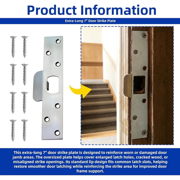 GVDCC-7-Inch Extra-Long Door Strike Plate, Heavy Duty Stainless Steel, Oversized Reinforcement Plate to Repair Damaged Worn Frame/Slot/Jamb, Large Hole to Fix Latch Sticking (Silver)