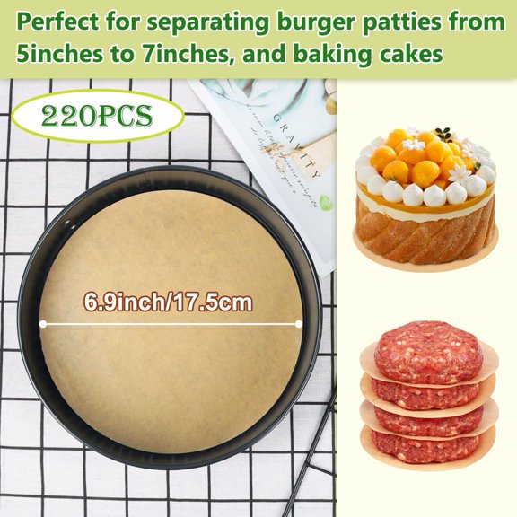 GVDCC-7 Inch Parchment Paper Rounds, Set of 220, Hamburger Patty Paper/Burger Press Paper, Non Stick Small Pre-cut Round Parchment Paper for Cake Pan, Springform Pan, Burger Patty Maker and More