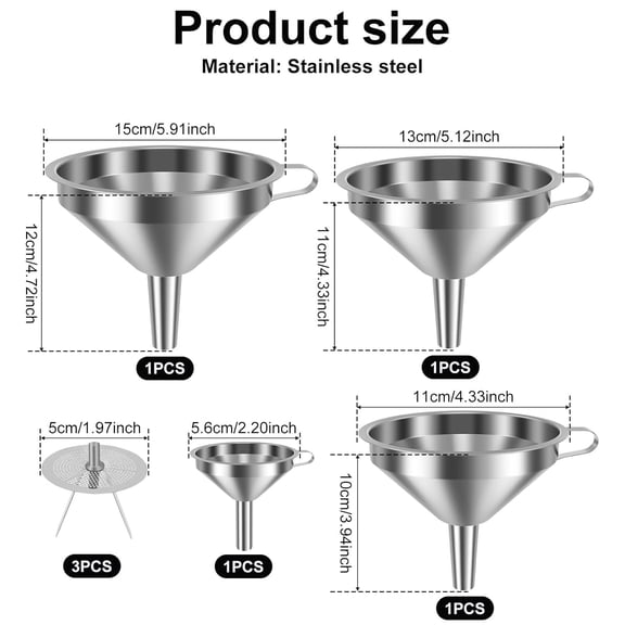 GVDCC-7 Pack Stainless Steel Funnel Set with 3 Fine Mesh Strainers, 4 Sizes 2.2-5.9 Inches Food Grade 304 Metal Kitchen Funnels for Filling Bottles, Canning, Oil, Juice, Coffee, Wine, Tea