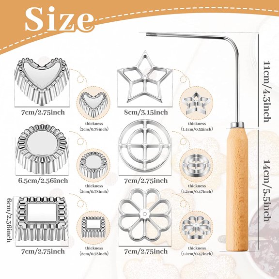 GVDCC-7 Pcs Achappam Bunuelos Mold with Handle Rosette Iron Set Aluminum Rosette Maker Heart Star Circle Square Cookies Mold for Interchangeable Head Kitchen Baking Cooking Fried Housewares, 6 Shape
