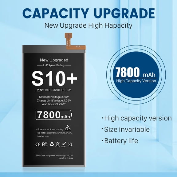 GVDCC-7800mAh S10 Plus Battery 0-Cycle DIY Replacement with Repair Tools | Compatible with Samsung Galaxy S10 Plus SM-G975F/G975U/G975W/G975N. 7800mAh high-capacity Li-Polymer, 0-cycle A+ grade cel