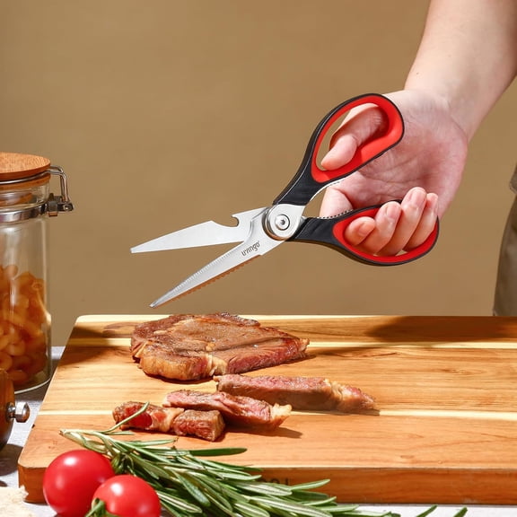 GVDCC-8.5 Inch Kitchen Scissors Heavy Duty - Multi-Purpose Food Shears with Serrated Blades, Nut Cracker, Fish Scaler, Bottle Opener, Black & Red Handle