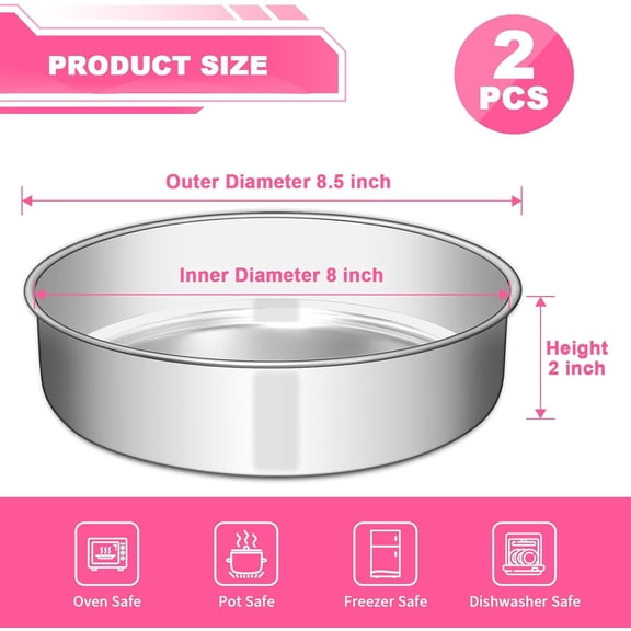 GVDCC-8 Inch Cake Pan Set of 2, Stainless Steel Round Layer Cake Baking Pans Tins, Non-Toxic & Healthy, Leak-proof & Easy Clean & Dishwasher Safe