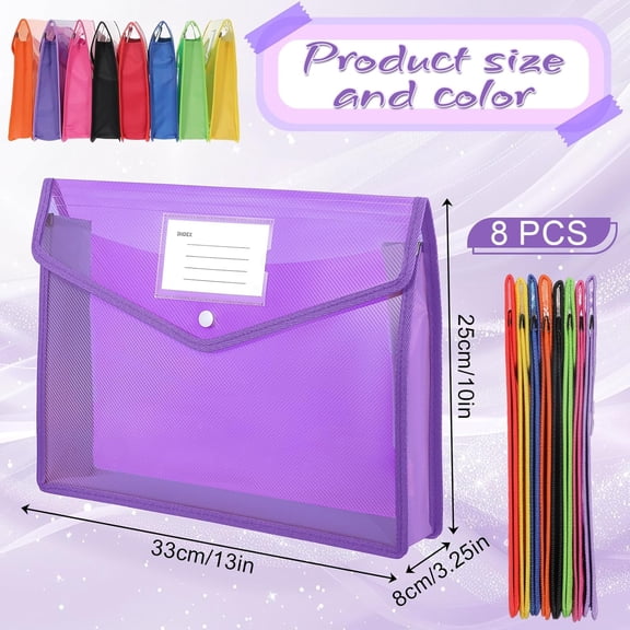 GVDCC-8 Pack Plastic Expanding File Folders, Plastic File Folders, Transparent Envelopes with Snap Closure, Waterproof Transparent Expandable Files Folder, Large Capacity, Assorted Colors, Letter/A4