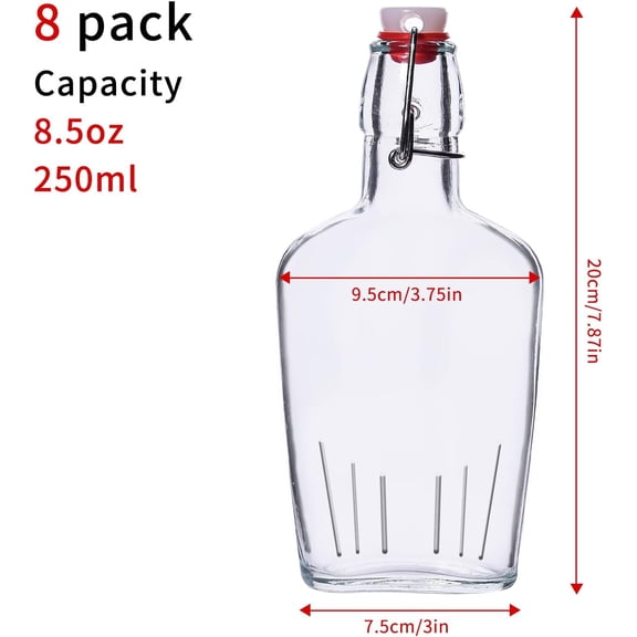 GVDCC-8 Pack Pocket Glass Flasks 8.5 Oz Glass Vanilla Extract Bottles With Swing Top Flask for liquids,whiskey, liquor, wine, water Leak Proof
