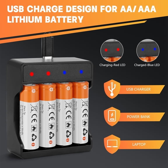 GVDCC-8 Pack Rechargeable 1.5V Lithium Batteries AA for Blink Camera, Long-Lasting Double A Battery 2600mWh with 2H Fast Charger (4-Bay Independent Slot)