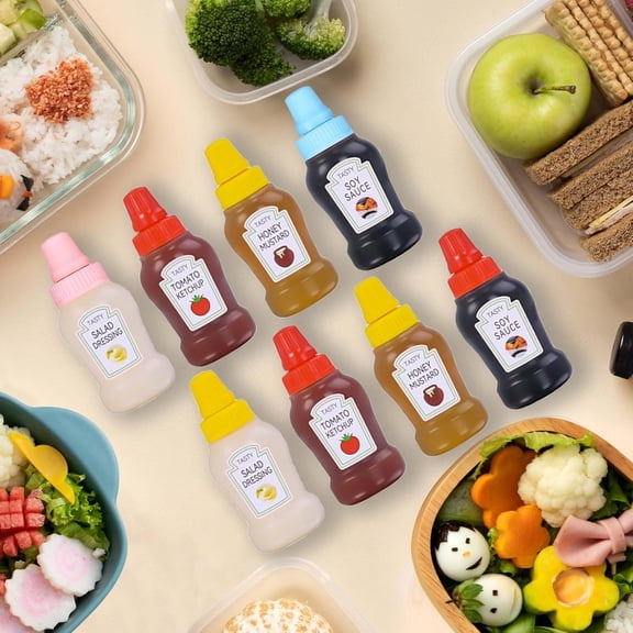 GVDCC-8 Pieces Mini Ketchup Bottle for Lunch Box, Mini Condiment Squeeze Bottles for Sauces, Small Travel Condiment Containers with Lids for Bento Camping Oil Soy Sauce Honey Salad Dressing Accessori