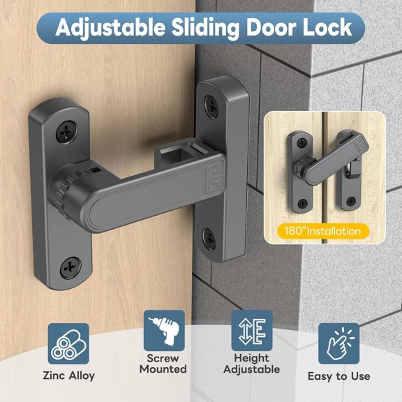 GVDCC-90/180 Degree Sliding Barn Door Lock, Adjustable Zinc Alloy Security Door Locks and Latches for Closets, Windows, Liquor Cabinets, Garden/Fence/Shed/Wooden Gate (Grey-1PC)