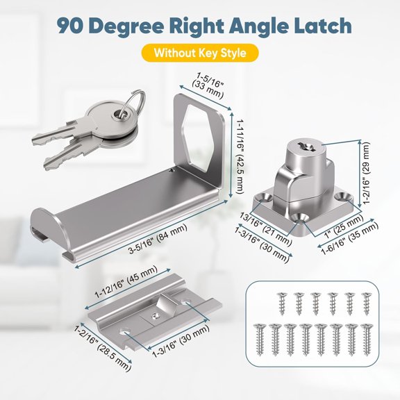 GVDCC-90 Degree Right Angle Door Locks, 3.3 Inch Thickened Sliding Hasp Latch for Inward Opening/Closet/Shed/Barn Door, Cabinet - Heavy Duty Latch for Home Security (Silver, 3.3In with Key-1PC)