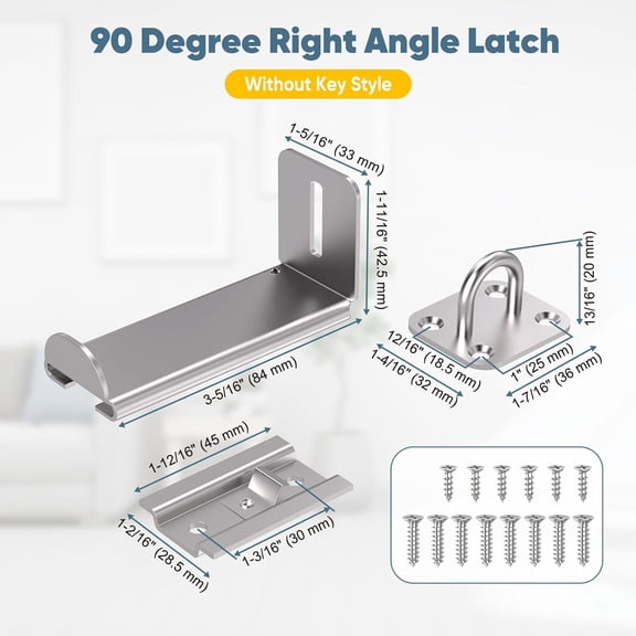 GVDCC-90 Degree Right Angle Door Locks, 3.3 Inch Thickened Sliding Hasp Latch for Inward Opening/Closet/Shed/Barn Door, Cabinet - Heavy Duty Latch for Home Security, Silver, 2PCS