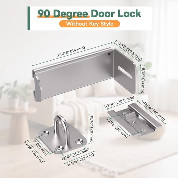 GVDCC-90 Degree Right Angle Locks, 3.3 Inch Safety Sliding Door Lock Latch for Closet, Shed, Cabinet, Inward Opening Door - Heavy Duty Hasp Latches Compatible with Padlock (Silver, 3.3In-2PCS)