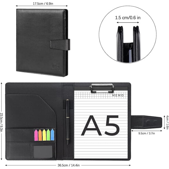 GVDCC-A5 Leather Portfolio Binder, Interview Legal Document Organizer with Magnetic Closure Cover with A5 Sized Papers,Sticky Tabs,Pen,Mini Document Organizer Folder for Men Women,Black