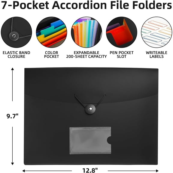 GVDCC-Accordian File Organizer 7 Pocket Expanding File Folder with Labels, Plastic Expandable File Folder for Documents Letter Size A4 Papers - 5-Pack Black