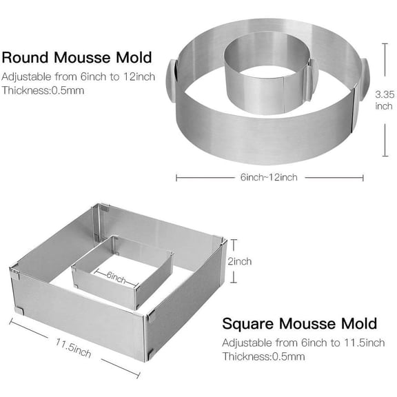 GVDCC-Adjustable Cake Ring 2 Pack, 6 to 12 Inch Stainless Steel Mousse Cake Mold Ring with scaling for Kitchen DIY Pastry, Square and Round
