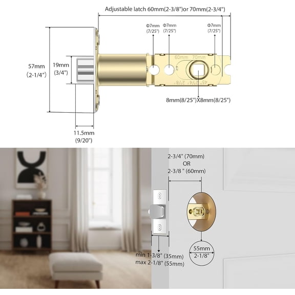 GVDCC-Adjustable Deadlatch 2-3/8'' or 2-3/4'', Smart Door Knob Replacement Latch, Keyless Entry Door Lock Deadlatch, Fingerprint Door Lock Accessories