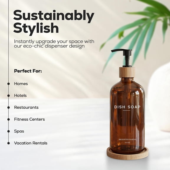 GVDCC-Amber Glass Dish Soap Dispenser for Kitchen Sink by - Kitchen Soap Dispenser Set with Tray - Glass Bottle with Pump for Liquid - Boho Home Decor and Accessories for Restaurant (Amber)