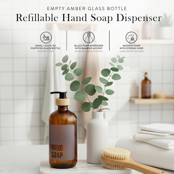 GVDCC-Amber Glass Hand Soap Dispenser for Bathroom, Kitchen Hand Soap Bottle with Label, Refillable Glass Bottle for Liquid Wash, Matching Dish Soap Dispenser Available, 17 Fl Oz / 500 ml