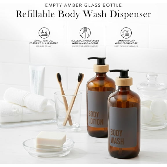 GVDCC-Amber Glass Soap Dispenser with Pump, Body Wash Soap Dispenser, Refillable Hand Soap Bottle for Bathroom, Matching Body Lotion Bottle Available, 17 Fl Oz / 500 ml
