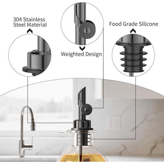GVDCC-Auto Flip Liquor Pour Spouts 4-Pack, Leak-Proof 304 Stainless Steel Wine Pourer & Olive Oil Dispenser with Food-Grade Silicone for Kitchen, Bar, Restaurant (Black)
