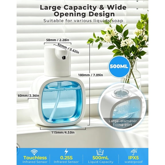 GVDCC-Automatic Foaming Soap Dispenser, 17oz/500ml Touchless Rechargeable with 4-Level Adjustable & IPX5 Waterproof - Level Display for Wall/Tabletop Use in Bathroom, Kitchen