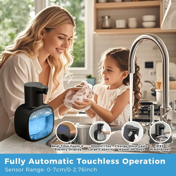 GVDCC-Automatic Foaming Soap Dispenser, 17oz/500ml Touchless Rechargeable with 4-Level Adjustable & IPX5 Waterproof - Level Display for Wall/Tabletop Use in Bathroom, Kitchen, Black