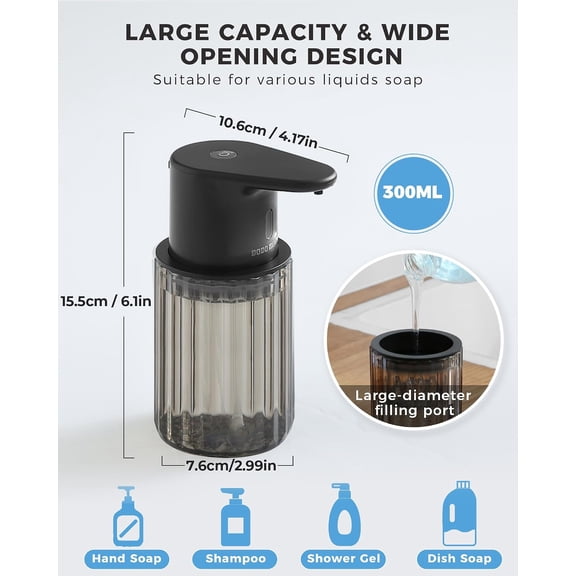 GVDCC-Automatic Liquid Soap Dispenser Touchless, 3 Adjustable Liquid Levels, 10oz/300ml Rechargeable, IPX7 Waterproof for Bathroom, Kitchen, Black
