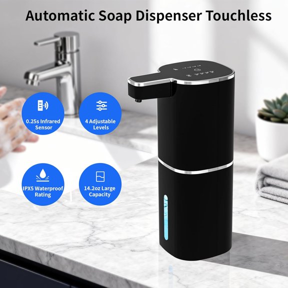 GVDCC-Automatic Liquid Soap Dispenser, Touchless Hand Soap Dispenser, USB Rechargeable, 4 Adjustable Levels, 14.2 oz (420 ml) Large Capacity, for Bathroom, Kitchen & School (Black, Liquid)