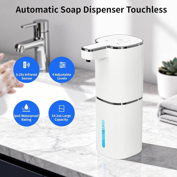 GVDCC-Automatic Liquid Soap Dispenser, Touchless Hand Soap Dispenser, USB Rechargeable, 4 Adjustable Levels, 14.2 oz (420 ml) Large Capacity, for Bathroom, Kitchen & School (White, Liquid)