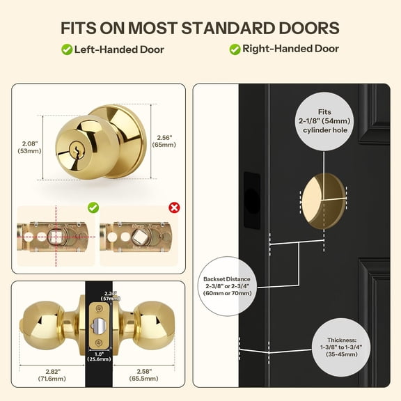 GVDCC-Ball Design Door Knob with Keys and Lock, Keyed Entry Round Shaped Doorknob for Front/Entrance Doors, Polished Brass Finish
