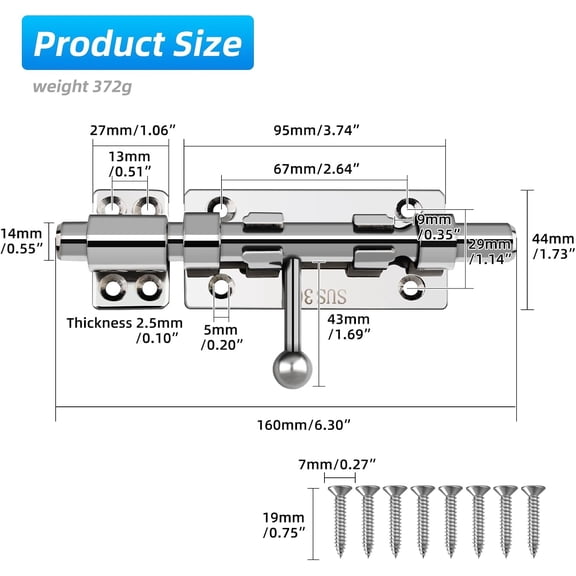 GVDCC-Barrel Bolt Latch, 6.3" Heavy Duty Gate Latch Slide Lock Solid 304 Stainless Steel Bolt Lock for Inside Door, Finished Shed Door Latch (1 Pack, Silver)