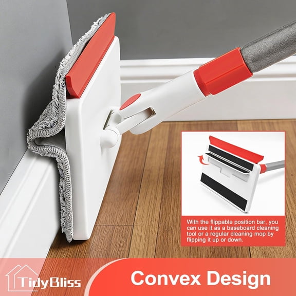 GVDCC-Baseboard Cleaner Tool with Handle, 55.9 Long Wall and Base Board Cleaning Mop, 4 Reusable Pads, 1 Stiff Bristle Scrubber Brush for Floorboard Ceiling Cabinet Window Bathroom Kitchen (Red)