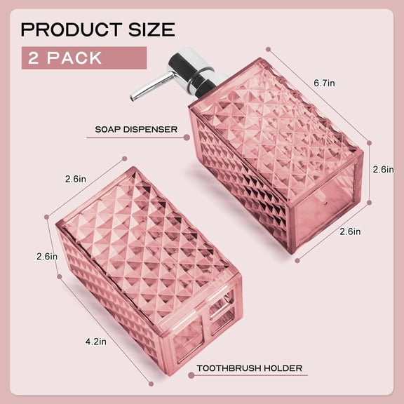 GVDCC-Bathroom Accessories Set 2 PCS, Pink Bathroom Accessories Include Soap Dispenser and Toothbrush Holder, Diamond Pattern Bathroom Set for Boho Bathroom Decor