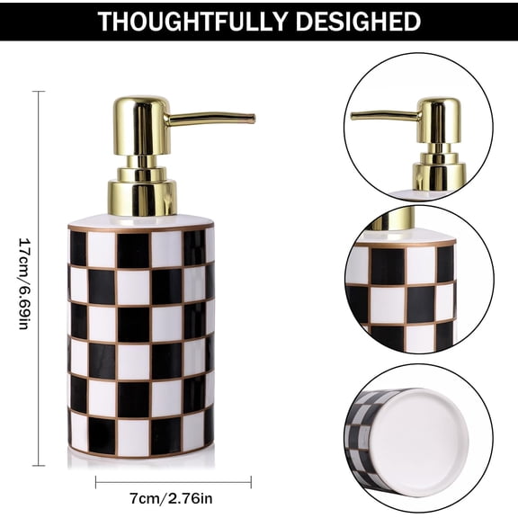 GVDCC-Bathroom Soap Dispenser,Gold Pump Ceramic Soap Dispenser,Kitchen Empty Pump Bottle,Bath Countertop Storage Organizer,Grid Pattern Bathroom Decor (Black)